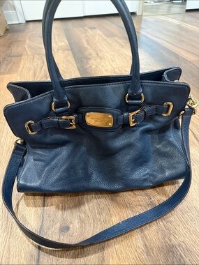 Michael Kors Navy Pebbled Leather Shoulder Satchel with Gold-Tone Hardware